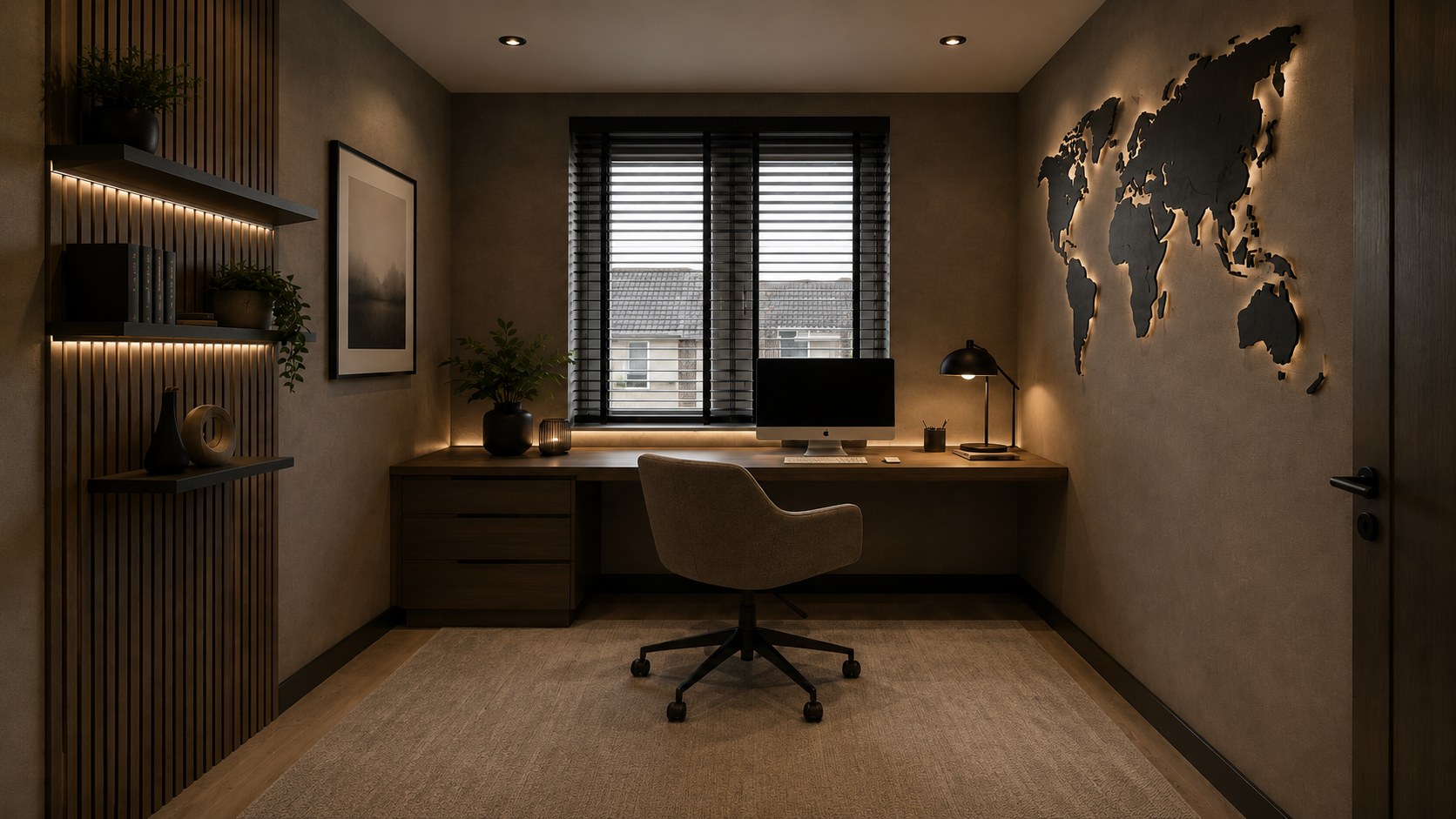Werkkamer met bureau, lamellenwand en warme styling